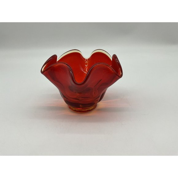LE Smith Amberina Glass Pedestal Bowl Red Vintage Mid Century Modern - Picture 10 of 16